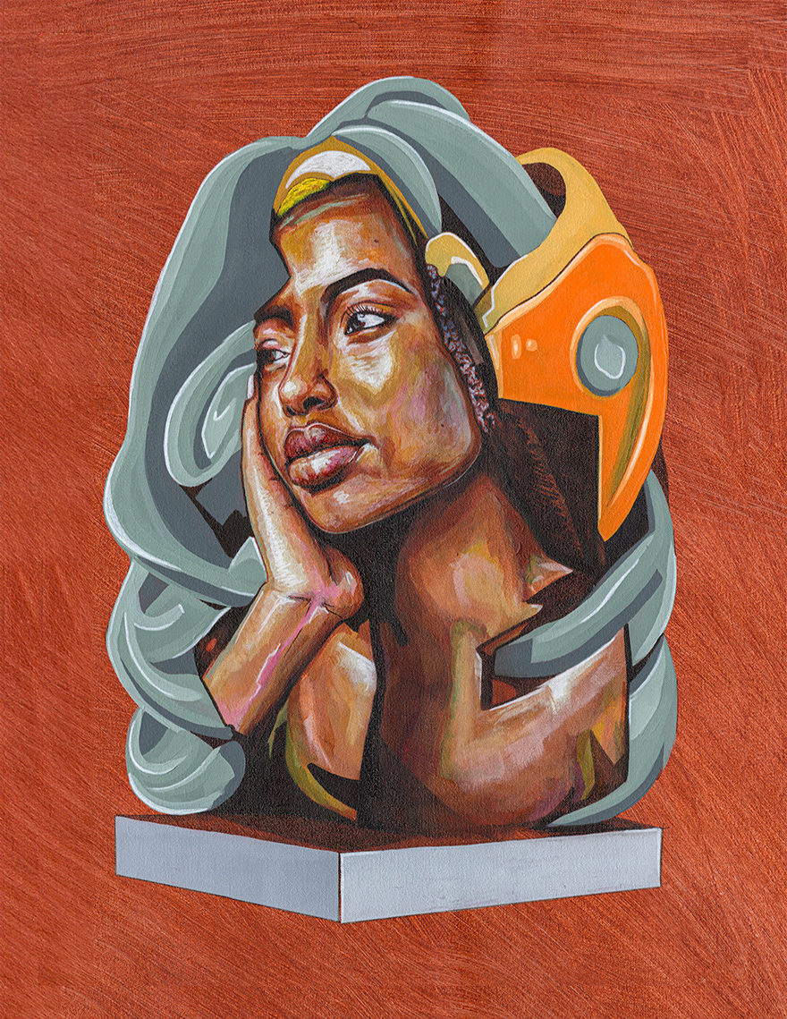 A portrait with a face resting against a hand, surrounded by curling gray and orange forms on a rust-colored background.