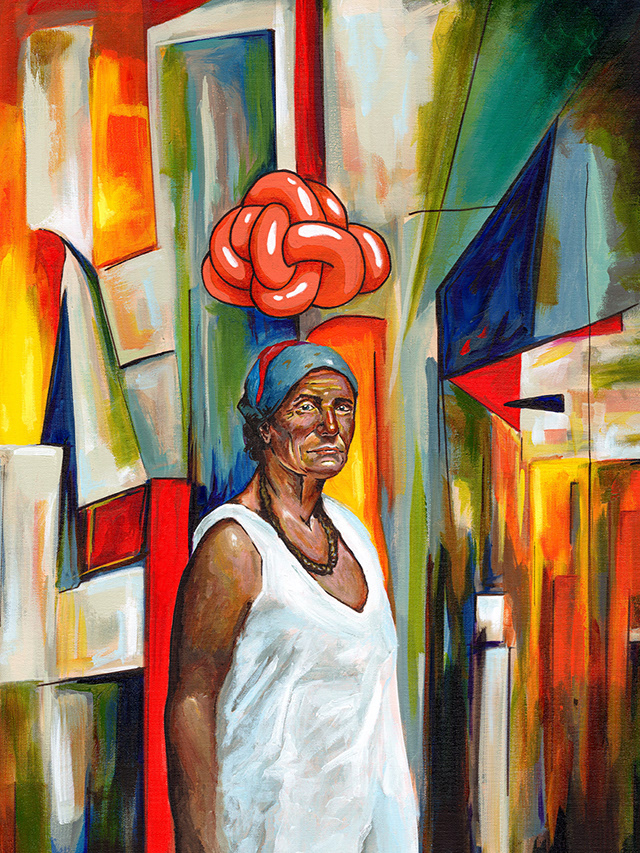 A figure in white with a blue head covering stands below a red knotted form amid angular red, blue, green, and yellow planes.