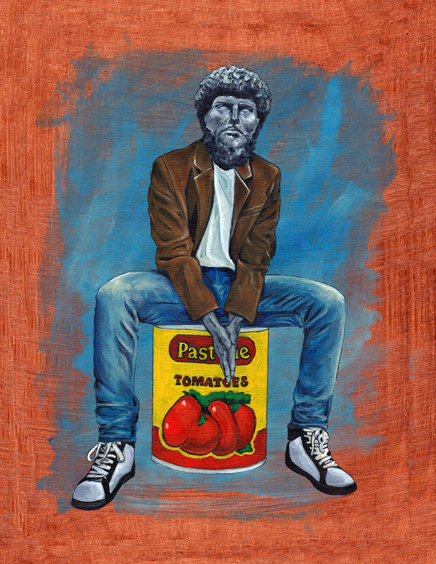 A figure with a stone-gray face and hands sits on a yellow tomato can, wearing a brown jacket, jeans, and sneakers.