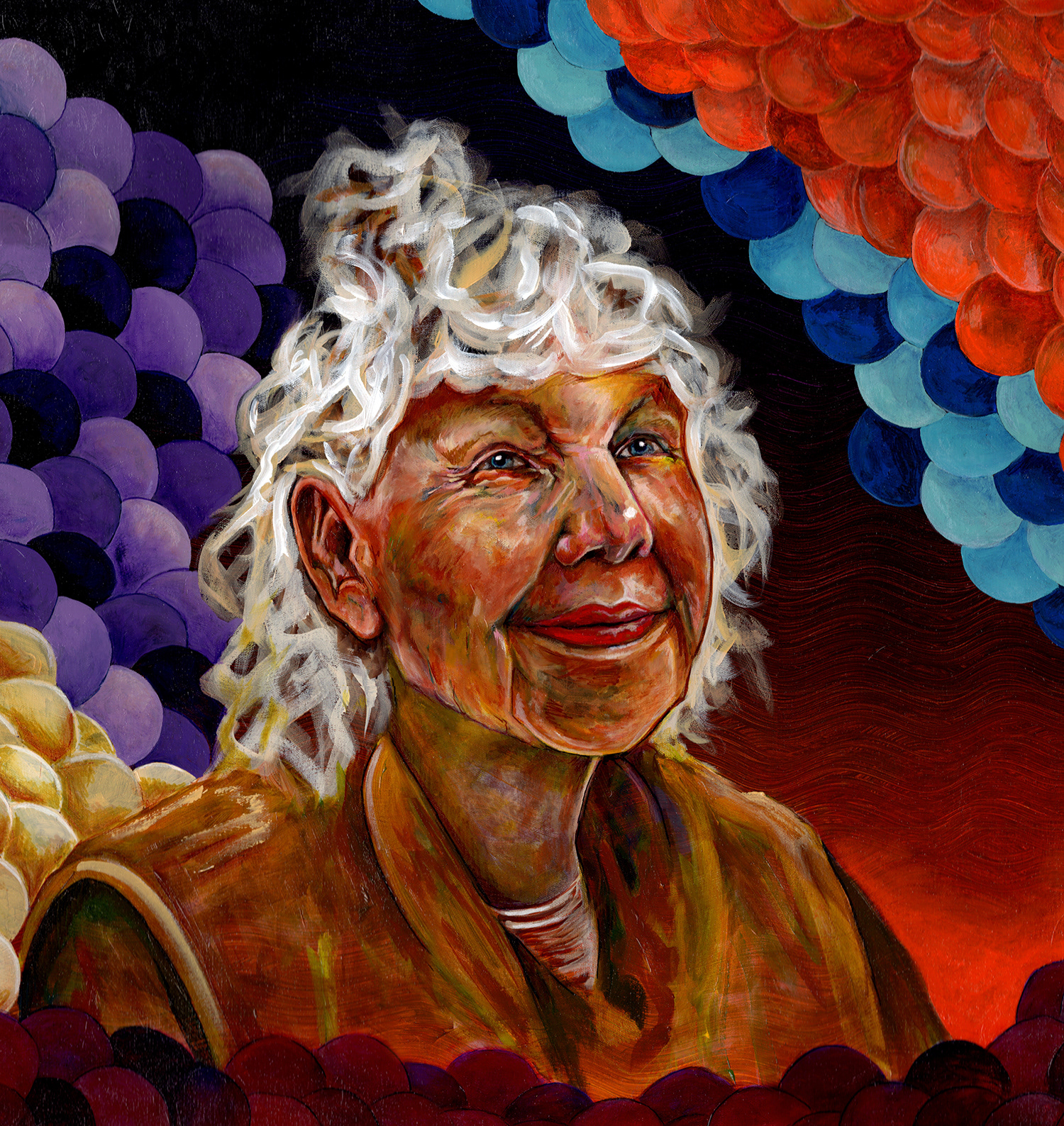 A smiling, white-haired Nancy looking upward, surrounded by scalloped waves of purple, blue, red, and yellow.