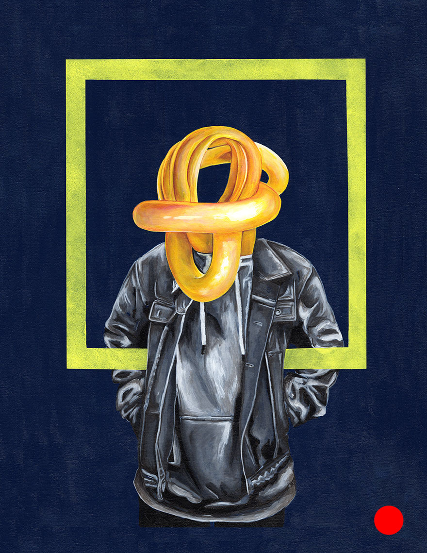 A figure in a black jacket with looping golden forms in place of a head, framed by a lime-green square on dark blue.