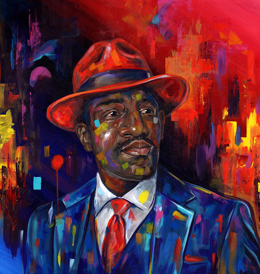 A man in a red fedora, red tie, and blue suit, painted with vivid patches of color against a red and deep-blue background.