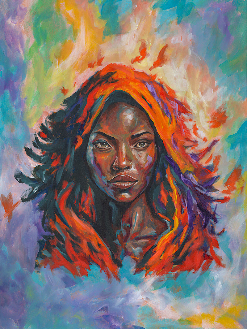 A front-facing portrait with dark hair streaked orange and violet, emerging from loose turquoise, yellow, and pink brushwork.