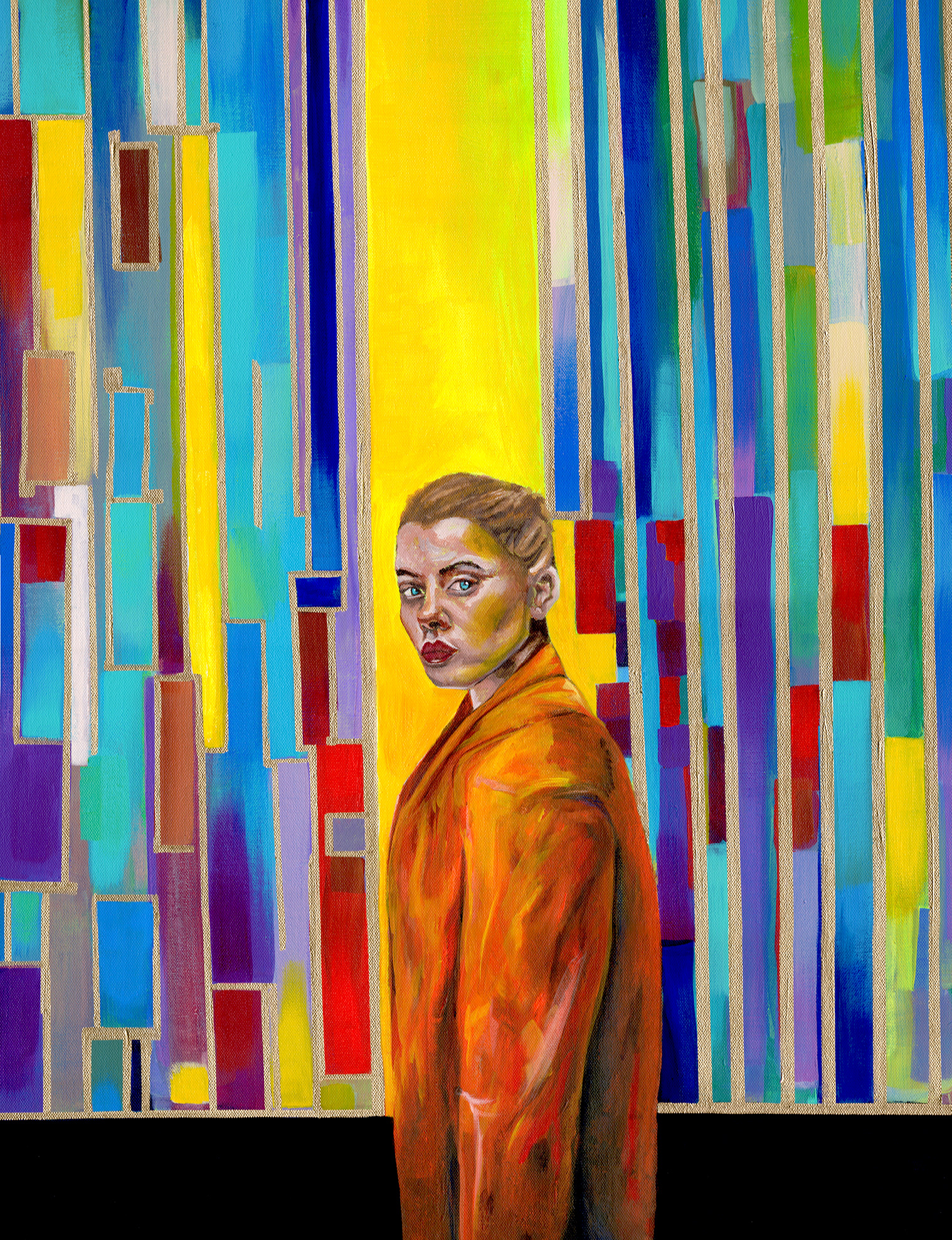 A figure in an orange coat looking over a shoulder amid tall rectangles of blue, yellow, green, violet, and red.