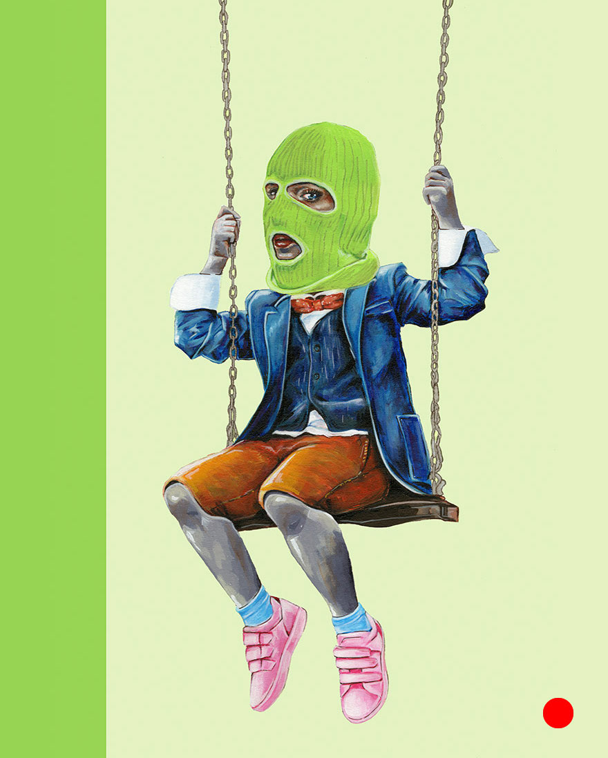 A small figure in a green knitted mask, blue jacket, orange shorts, and pink shoes sits on a chain swing against pale green.