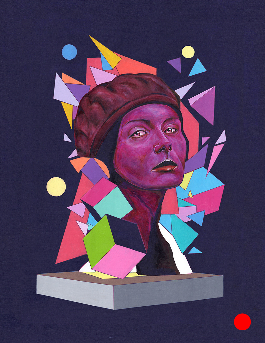 A magenta portrait wearing a dark red beret, surrounded by colorful geometric shapes and raised above a gray ledge.