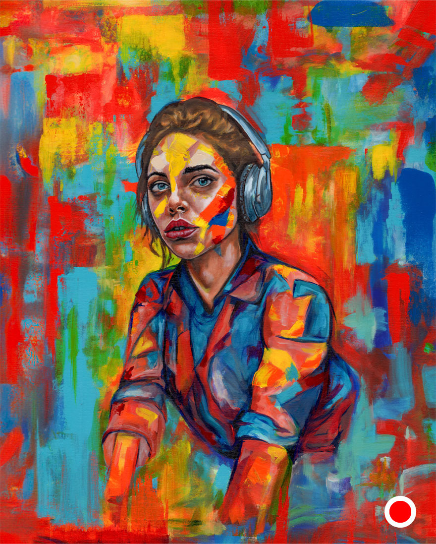 A seated figure wearing headphones, with vivid red, yellow, turquoise, and blue marks crossing the face, jacket, and background.