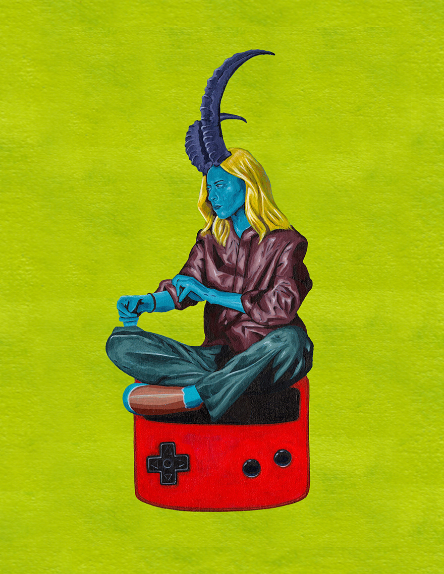 A blue figure with yellow hair and a tall curved head form sits cross-legged on a red controller-like base against bright green.