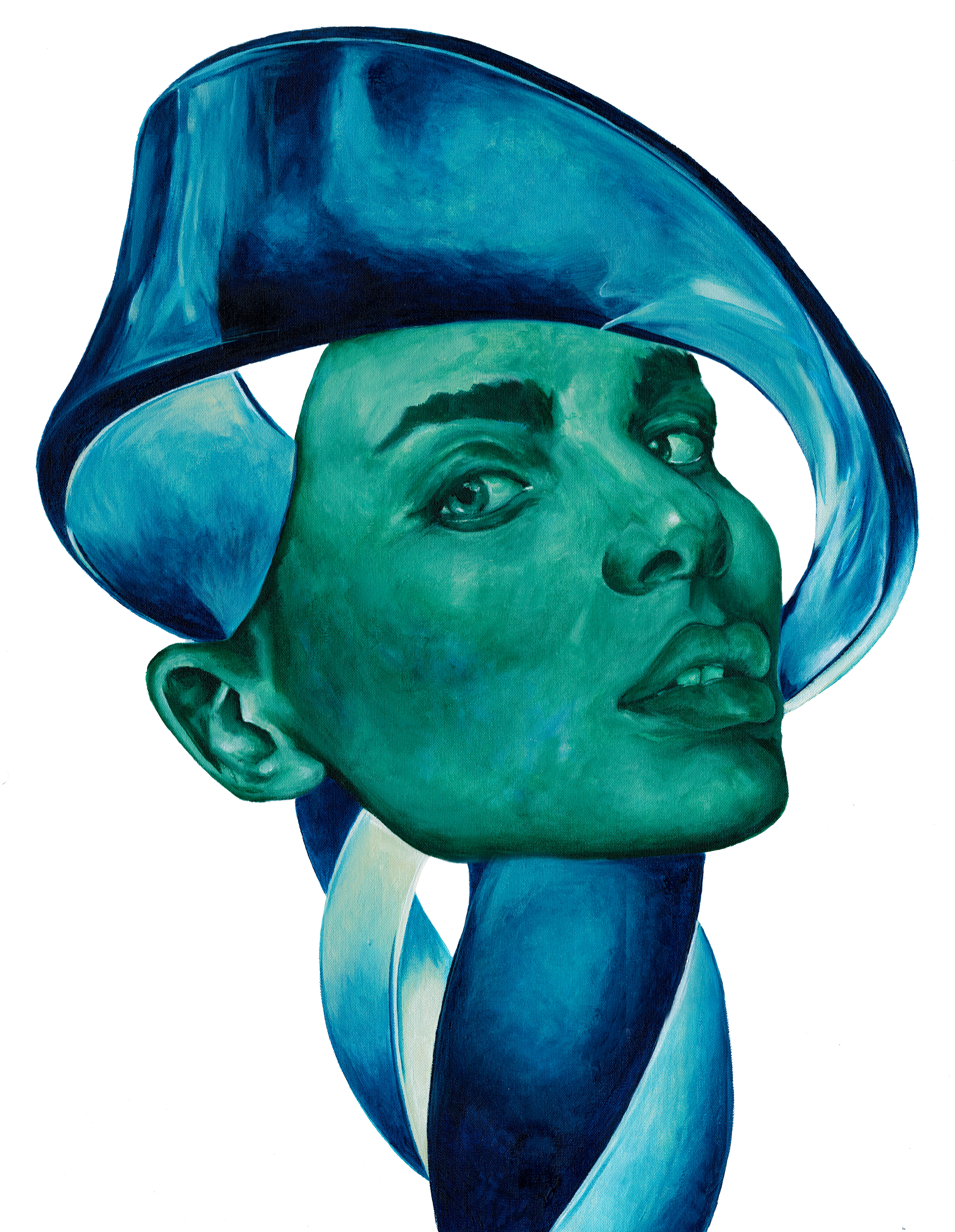 A green face looking toward the viewer, surrounded by a broad blue ribbon-like form twisting above and below it on white.