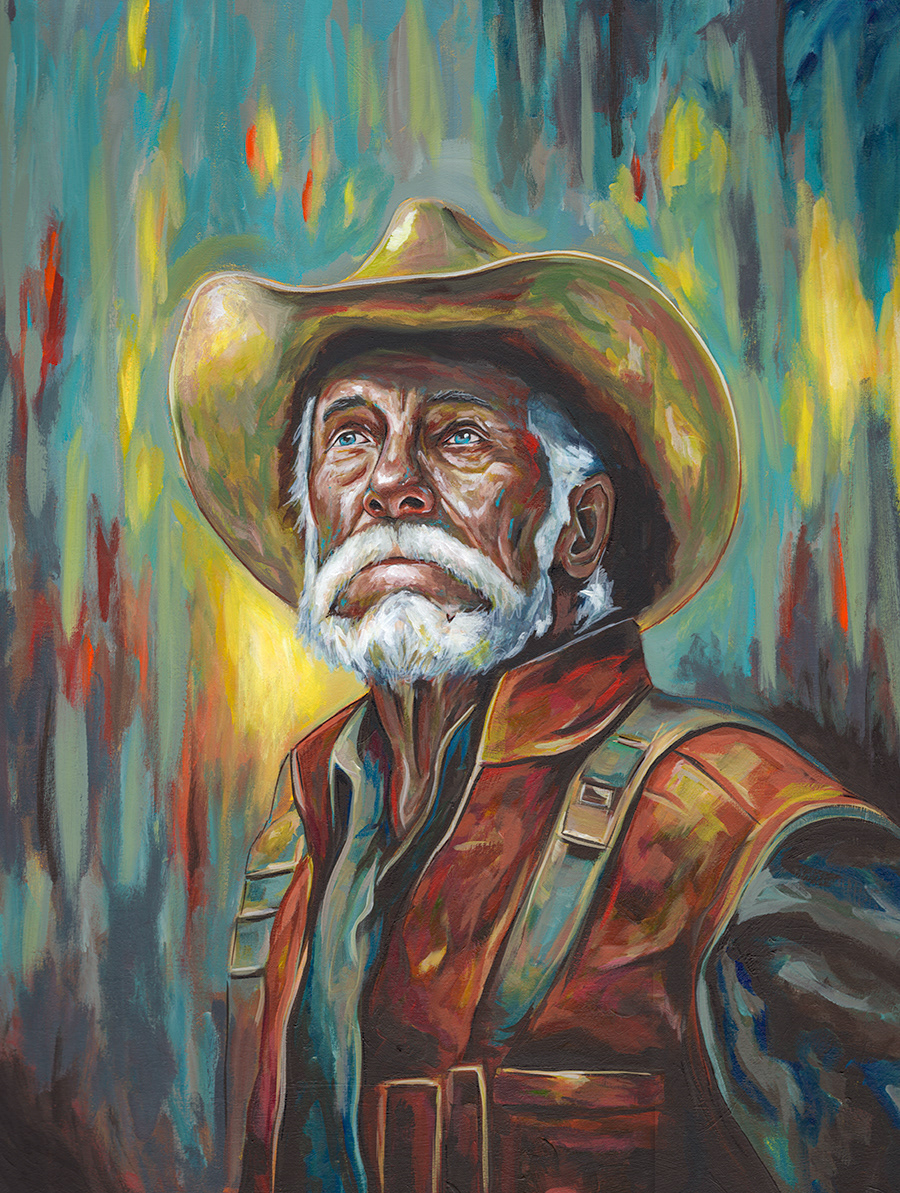 A white-bearded man in a broad hat and rust-colored vest looking upward against vertical blue-green and yellow brushwork.