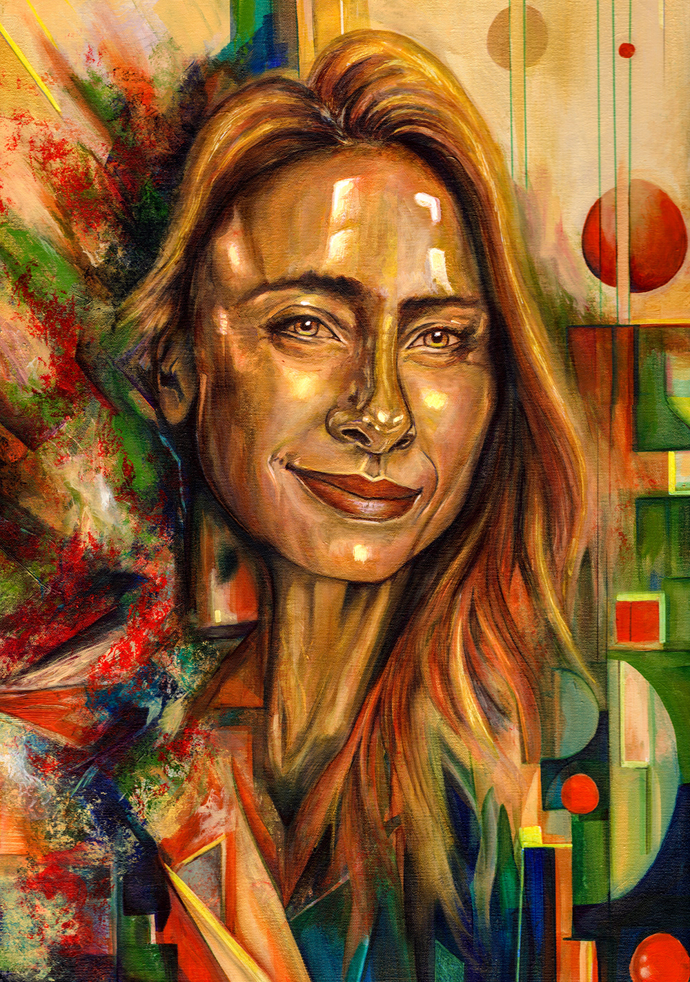 A warmly lit face with long hair surrounded by layered red and green brushwork, geometric lines, and circles.